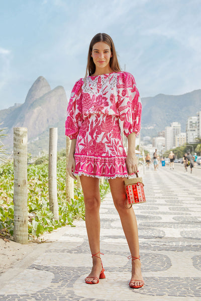 FARM RIO Pink Tropical Woodcut Mini Dress