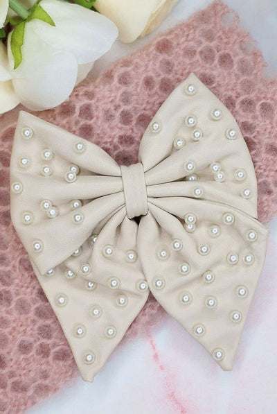 Liliane Leather Pearl Hair Bow - Cream