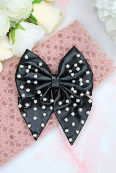 Liliane Leather Pearl Hair Bow - Black